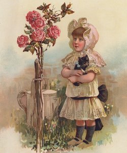 Niña con gato y rosal (cromolito) de English School