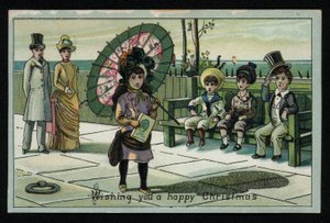 Niña con un gran parasol caminando por un paseo marítimo, tarjeta de felicitación de Navidad