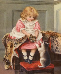 Niña con piel de leopardo y gato doméstico (cromolito) de English School