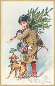 Niña con perro llevando árbol de Navidad, tarjeta de Navidad de English School