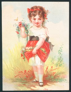 Niña con flores y mariposa - Tarjeta victoriana de felicitación de English School