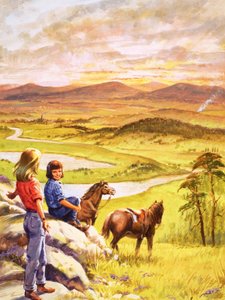 Niñas y ponis mirando al campo (gouache sobre papel)
