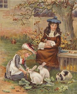 Niñas cuidando de sus conejos (cromolito) de English School