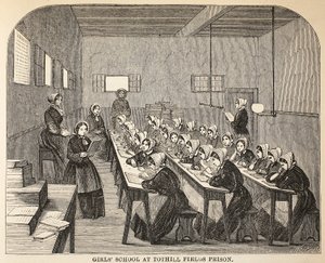 Escuela de niñas en la prisión de Tothill Fields, ilustración de Las prisiones criminales de Londres y escenas de la vida en prisión de Henry Mayhew y John Binny, pub. 1862 de English School
