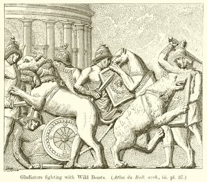 Gladiadores luchando con bestias salvajes