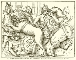 Gladiadores luchando con bestias salvajes de English School