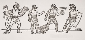 Gladiadores, de una pintura mural en Pompeya, ilustración de The Outline of History de H.G. Wells, Volumen I, publicado en 1820