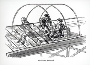 Carro de acristalamiento utilizado en el Palacio de Cristal de Paxton, 1850