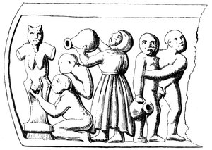 Eucaristía gnóstica, panel lateral de un ataúd gnóstico encontrado en Essarois (Borgoña)
