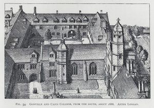 Gonville y Caius College, desde el sur, alrededor de 1688, después de Loggan de English School
