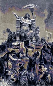 Degeneración griega - Creso en la pira funeraria, ilustración de The Illustrated History of the World, publicado c.1880 de English School