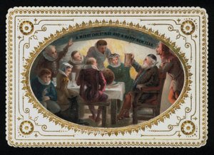Grupo de hombres y mujeres del siglo XVI brindando por la temporada festiva, tarjeta de felicitación de Navidad