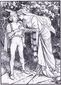 Guenevere envía su paje a Lancelot en busca de ayuda, ilustración de "The Book of Romance" publicado por Longmans Green and Co.