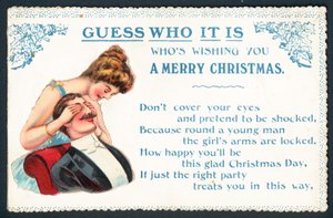 ¿Adivina quién? Dama burlándose de hombre, tarjeta de Navidad