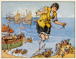 Los viajes de Gulliver: Captura la flota en Blefuscu (litografía en color)