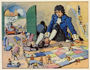 Los Viajes de Gulliver: El Emperador hizo que le hicieran una cama (litografía en color) de English School