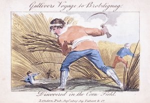 El viaje de Gulliver a Brobdingnag, descubierto en el campo de maíz, 1805 de English School