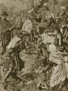 La sumisión de Guthrum a Alfredo el Grande (grabado) de English School