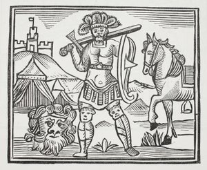 Guy habiendo matado a Armarant, ilustración de Chap-books del Siglo XVIII de John Ashton, pub. 1882 de English School