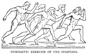 Ejercicio gimnástico de los espartanos, ilustración de La Historia Ilustrada del Mundo, c.1880