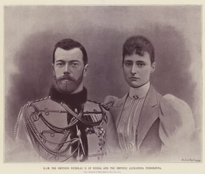 EL emperador Nicolás II de Rusia y la emperatriz Alexandra Feodorovna (litografía en color) de English School