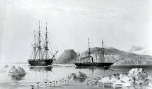 HMS Assistance remolcado por Pioneer pasando el monte John Harrow, canal de North Wellington en 1853 de English School