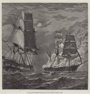 HMS Liffey rescatando a la tripulación del bergantín en llamas Anita de English School