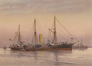 HMS Mohawk, crucero de 3ª clase (litografía en color) de English School