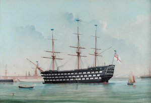 HMS Victory en el puerto de Portsmouth, c.1860 de English School