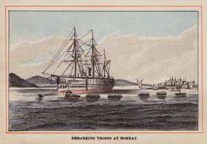 HM Indian Troop-Ship: Embarque de tropas en Bombay (grabado coloreado) de English School