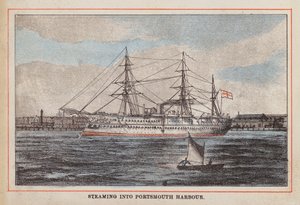 HM Indian Troop-Ship: Steaming into Portsmouth Harbour (grabado en color) de English School