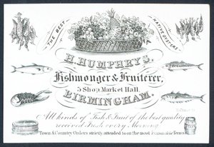 H Humphrys, pescadero y frutero, tarjeta comercial de English School