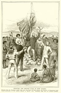 H. M. Chester, magistrado de Queensland en el izado de la bandera británica en Nueva Guinea, marzo de 1883 de English School