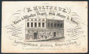 H Molyneux, pañero y mercero de seda y calcetero, tarjeta comercial de English School