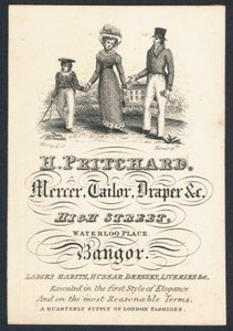 H Pritchard, mercero, sastre y pañero, tarjeta comercial de English School