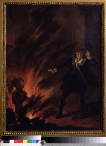 ""Hamlet frente al fantasma de su padre"" (Hamlet y el fantasma de su padre) Ilustración para la obra Hamlet de William Shakespeare (1564-1621) Pintura de la escuela inglesa de principios del siglo XIX Dim. 65x51 cm Museo Pouchkine, Moscú