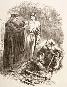 Hamlet sostiene el cráneo de Yorick, ilustración del Acto V, Escena I en Hamlet, de 