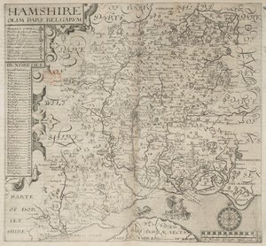 Hampshire, antes parte de los belgas. J. Norden describió. W. Hole sculp., de "Britannia" de Camden. 6ª edición. fol. 187 (grabado) de English School