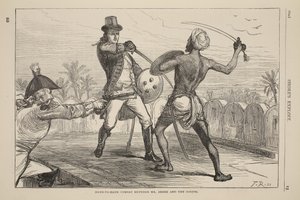 Combate cuerpo a cuerpo entre el Sr. Shore y el Goojur, ilustración de la Historia Ilustrada de Inglaterra de Cassell