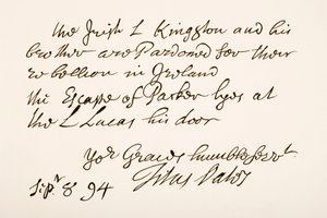 Caligrafía y firma de Titus Oates, 1694