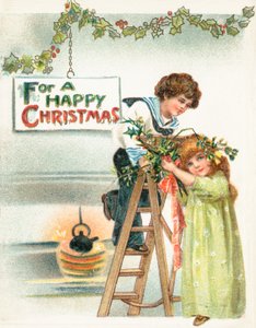 Colgando adornos navideños, tarjeta de Navidad