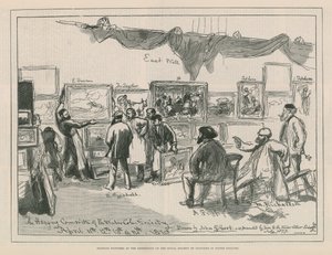 Colgando cuadros en la exposición de la Real Sociedad de Pintores en Acuarela