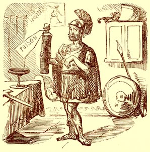 Aníbal hace el habitual discurso ingenioso y apropiado antes de suicidarse, ilustración de La Historia Cómica de Roma de Gilbert Abbott a Beckett, publicada c.1850 de English School