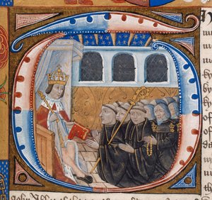 Harley 1498, f.59 Inicial adornada que representa al rey Enrique VII recibiendo el libro, ilustración de 