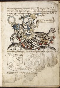 Harley 2169 f. 3 Enrique VI a caballo, escudos de armas en la época de Enrique VI (vitela) de English School