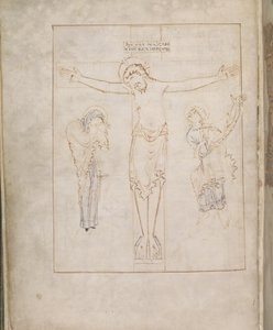 Harley 2904, f.3v, La Crucifixión; con la Virgen, y San Juan inscribiendo su testimonio en un pergamino, del Salterio de Ramsey, c.900-1000 (vitela) de English School