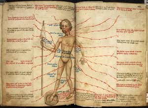 Harley 3719, ff.158v-159 Miniatura de un hombre sangrante con un pie en una bandeja sangrante y un eje en la mano, ilustración de 