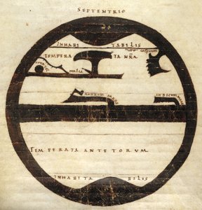 Harley MS 2772 p. 70v, mapamundi zonal esquemático, c.1050 (tinta y témpera sobre pergamino)