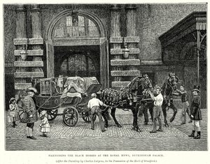 Enjaezando los Caballos Negros en el Royal Mews, Palacio de Buckingham (grabado) de English School