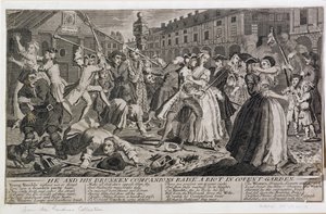 Él y sus compañeros borrachos provocan un disturbio en Covent Garden, 1735 de English School